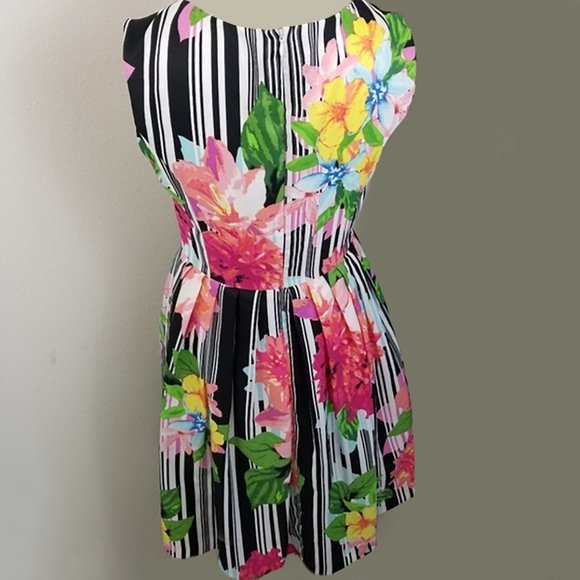 ELLEN TRACY 2 XS Floral Dress Stripe Fit Flare Keyhole Midi 50s Retro 4 S 1950s - Picture 8 of 14